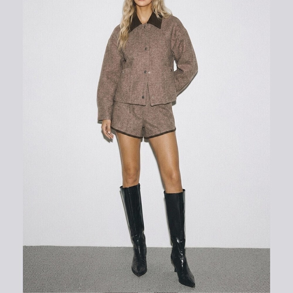 Tan Heathered Wool Blend Contrast Collar Snap Front Jacket - Picture 3 of 6